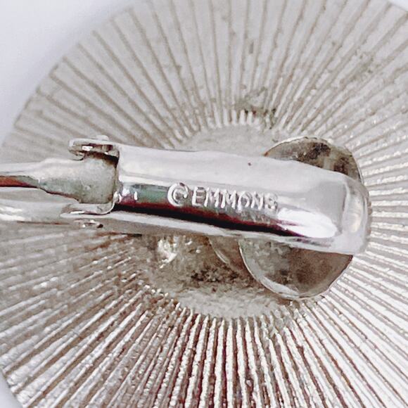 Signed Emmons Mid Century Earrings Sunburst Clip On 1950s 1960s Silver Tone - Picture 8 of 11